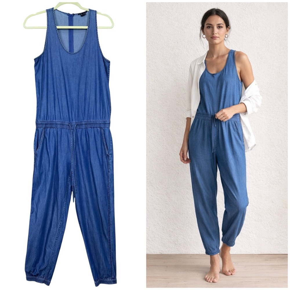 Theory Chambray Jumpsuit Size S Sleeveless Cinch Waist Tapered Leg Romper Grunge